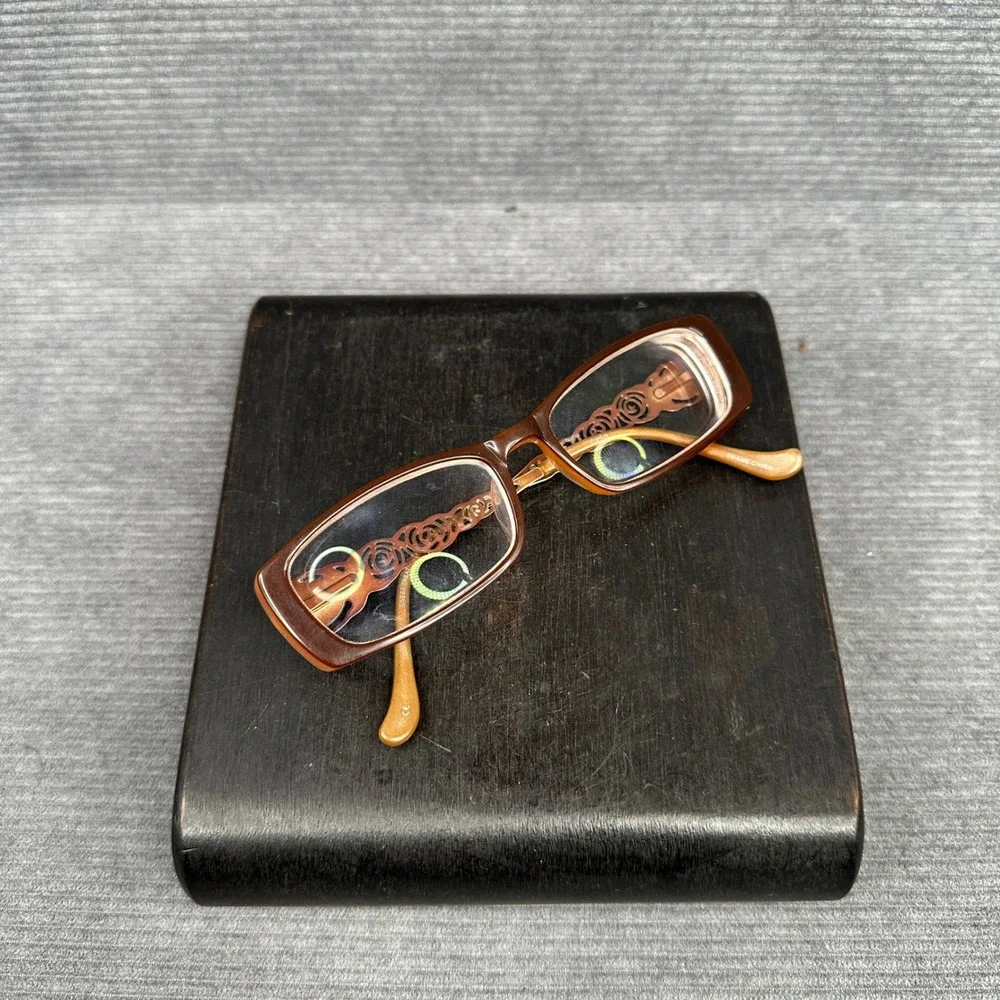 Lipstick Brown Rectangular y2k Eyeglass Frames Filigree Temples Floral Design